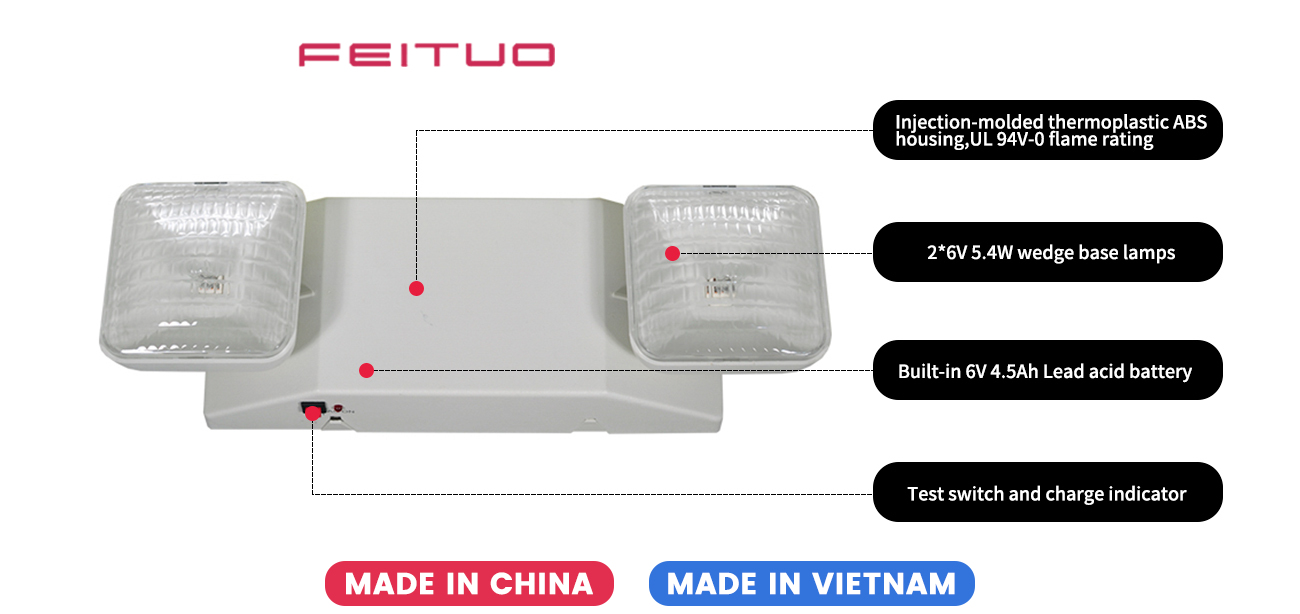 Injection-molded thermoplastic ABS housing,UL 94V-0 flame rating
2*6V5.4W wedge base lamps
Built-in 6V4.5Ah Lead acid battery
Test switch and charge indicator