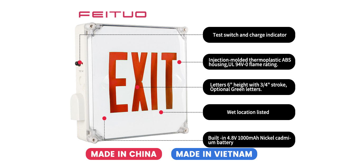 Test switch and charge indicator
Injection-molded thermoplastic ABS housing,UL 94V-0 flame rating.
Letters 6' height with 3/4' stroke,Optional Green letters.
Wet location listed
Built-in 4.8V 1000mAh Nickel cadmium battery