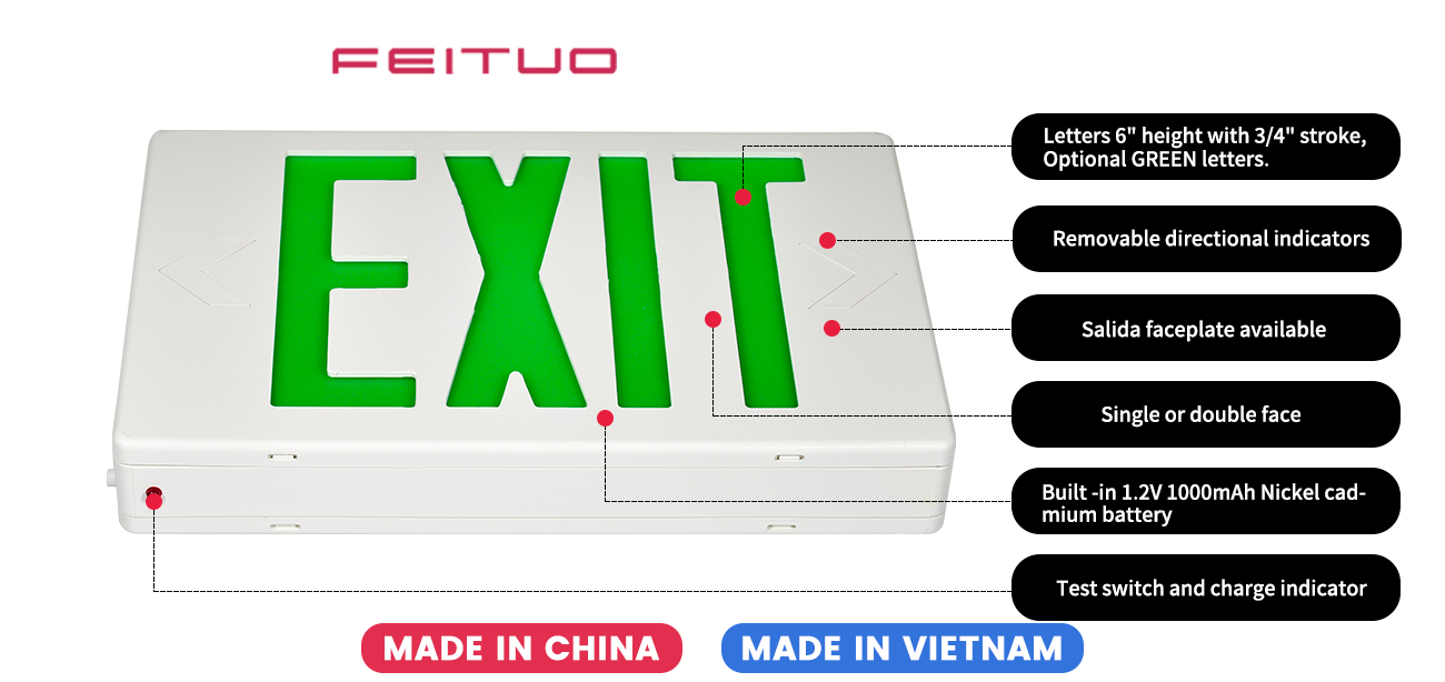 Letters 6' height with 3/4' stroke,Optional GREEN letters.
Removable directional indicators
Salida faceplate available
Single or double face
Built-in 1.2V 1000mAh Nickel cadmium battery
Test switch and charge indicator
