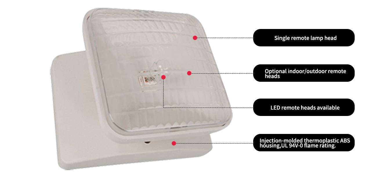 Single remote lamp head
Optional indoor/outdoor remote heads
LED remote heads available
Injection-molded thermoplastic ABS housing,UL 94V-0 flame rating.