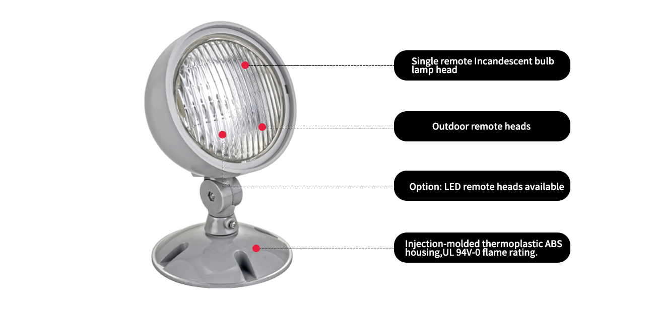 Single remote Incandescent bulb lamp head
Outdoor remote heads
Option: LED remote heads available
Injection-molded thermoplastic ABS housing,UL 94V-0 flame rating.
