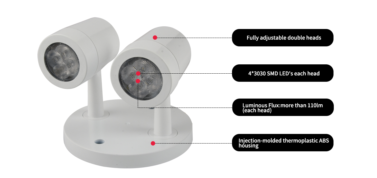 Fully adjustable double heads
4*3030 SMD LED's each head
Luminous Flux:more than 110lm(each head)
Injection-molded thermoplastic ABS housing