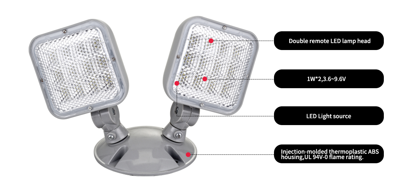 Double remote LED lamp head
1W*2,3.6~9.6V
LED Light source
Injection-molded thermoplastic ABS housing,UL 94V-0 flame rating.