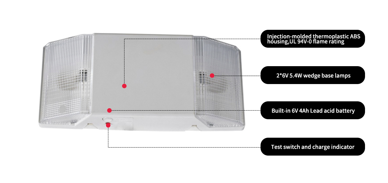 Injection-molded thermoplastic ABS housing,UL 94V-0 flame rating
2*6V 5.4W wedge base lamps
Built-in 6V 4Ah Lead acid battery
Test switch and charge indicator