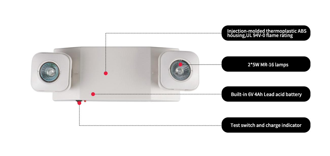 Injection-molded thermoplastic ABS housing,UL 94V-0 flame rating
2*5W MR-16 lamps
Built-in 6V4Ah Lead acid battery
Test switch and charge indicator